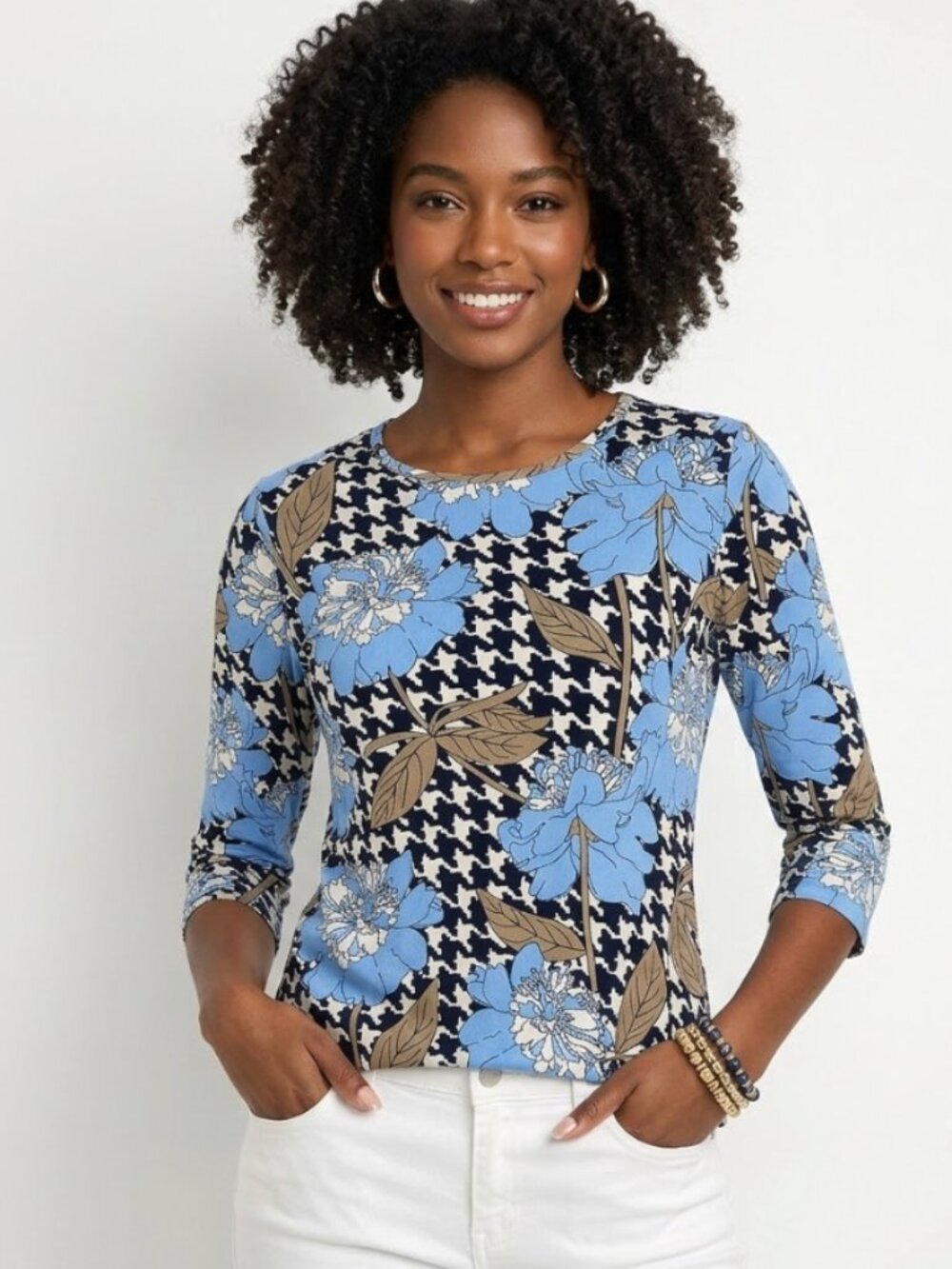 J. McLaughlin | Catalina Cloth Top Blue Floral & Houndstooth 3/4 Sleeve | Large